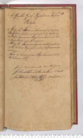 Autógrafo da Lei de 25-10-1827 sobre a Autorização para navios brasileiros navegarem sem obrigaçã...