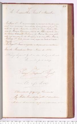 Autógrafo do Projeto de Resolução nº 71 de 1877 sobre concessão de pensão à Adelaide Olympia de M...